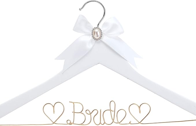 White Solid Wood Bridal Dress Hanger with Bridal Wire Lettering for Bridal Wedding Party Gift (White Hanger with Rose Gold Thread)