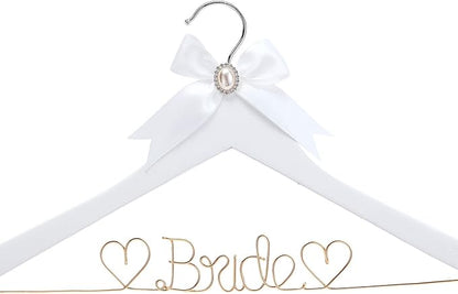 White Solid Wood Bridal Dress Hanger with Bridal Wire Lettering for Bridal Wedding Party Gift (White Hanger with Rose Gold Thread)
