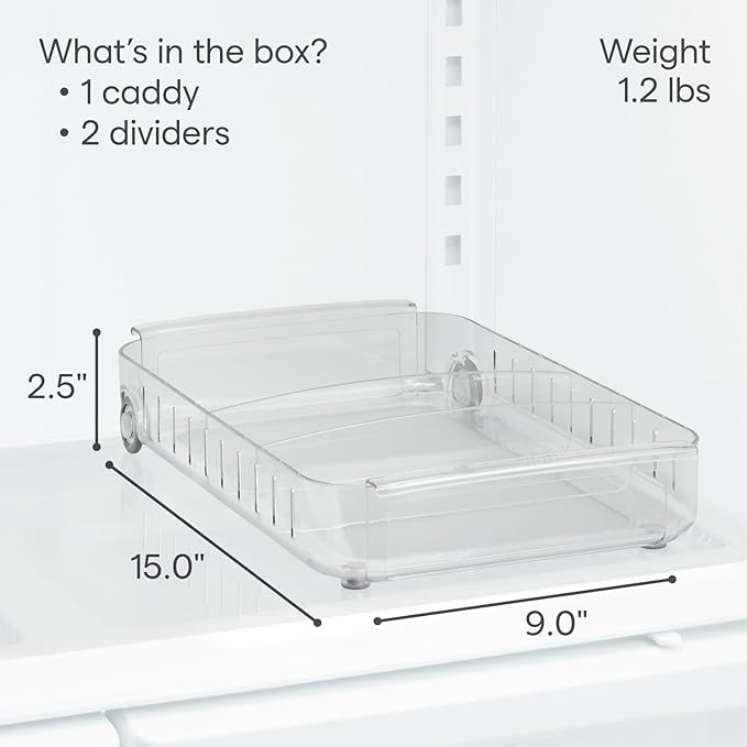 YouCopia RollOut Fridge Caddy BPA-Free Clear Rolling Refrigerator Organizer Bin with Adjustable Dividers and Handles, 9" Wide