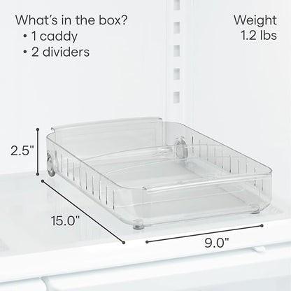 YouCopia RollOut Fridge Caddy BPA-Free Clear Rolling Refrigerator Organizer Bin with Adjustable Dividers and Handles, 9" Wide
