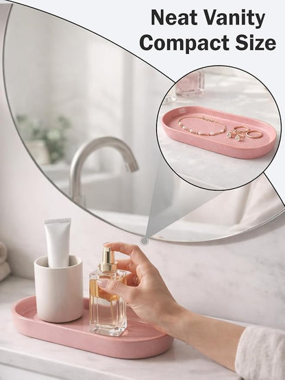Matte Pink Ceramic Bathroom Tray for Countertop, Aesthetic Vanity Organizer Dish for Perfume, Jewelry & Soap, Oval Decorative Tray for Bathroom Sink, Dresser, Coffee Bar, Minimalist Home Decor