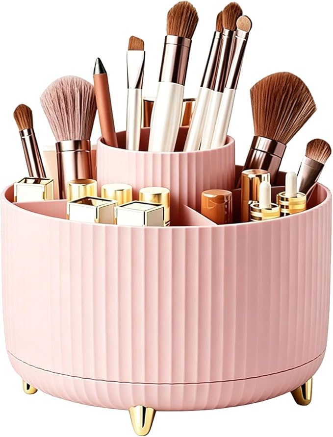 360°Rotating Makeup Brush Holder Organizer, Pink Countertop Cosmetic Display Case, Spinning Skincare Storage Carousel for Vanity, Desktop & Bathroom