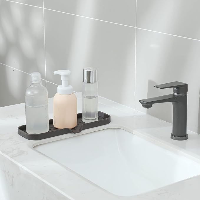 MicoYang Silicone Bathroom Soap Dishes with Drain Spout-Bathroom and Kitchen Sink Organizer,Sponge Holder,Dish Soap Tray,Perfect for Dispenser,Scrubber,Bottle,Cup on Sink or Counter-Coffee 12"×4"