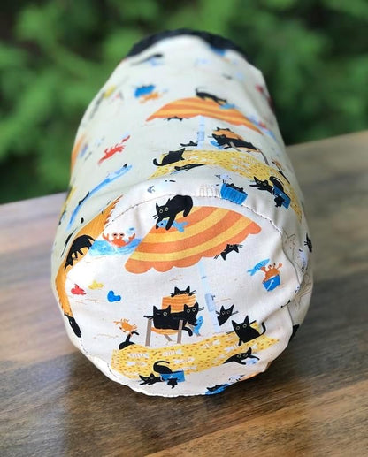 Black Cats on beach drawstring bag for knitting or crochet projects, Rummikub, Scrabble Mahjong tiles, reusable gift bag, Sandy Paws, The Suebee