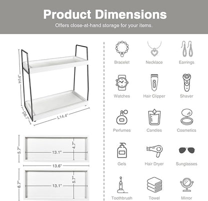 Forbena 2 Tier Bathroom Counter Organizer, White and Grey Coffee Bar Organizer for Countertop, Wood Shelf Tray for Vanity Makeup Storage, Small Kitchen Sink Top Organizers for Coffee Bar Station