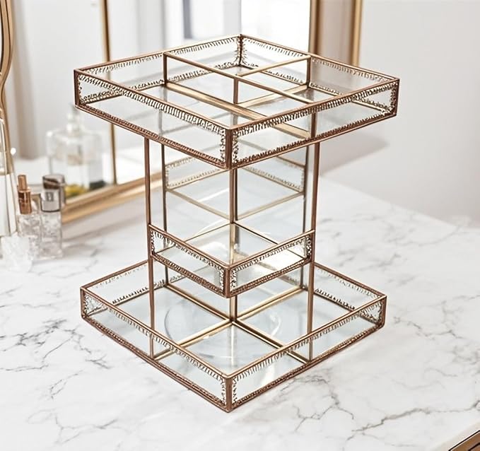 360 Rotating Glass Makeup Organizer, Spinning Vanity Cosmetic Storage with Multi-Layer Compartments, Luxury Countertop Rotating Makeup Holder for Skincare, Perfume, Cosmetics