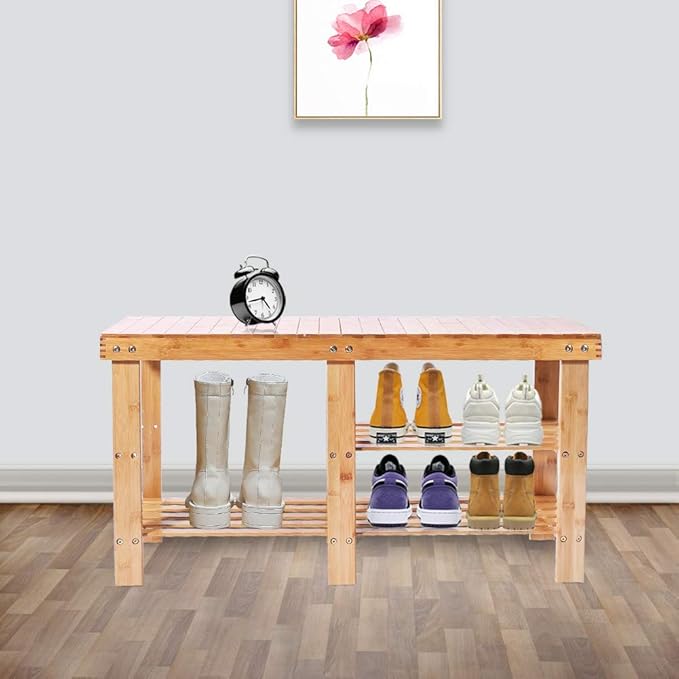 Bamboo Shoe Rack Bench with Boots Compartment , APLOS 3-Tier Shoe Organizer, Storage Shelf for Entryway Hallway Living Room, 35.43" L x 11.02" W x 17.72" H