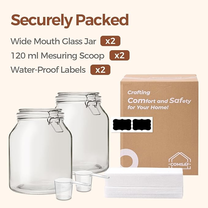 ComSaf 2 Pack 0.7 Gallon (88 Oz) Large Glass Jars with Airtight Lids, Wide Mouth Fermenting Jar for Pantry, Bulk Food Storage Canister for Flour, Sourdough Starter, Pickling, with Scoop