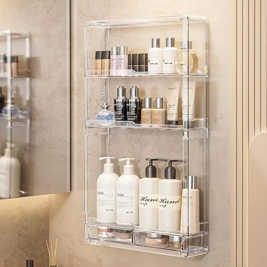 BOHOIDEE 3 Tiers Wall Acrylic Display Shelves with 2 Division Boards, Large Capactiy Acrylic Bathroom Organizer, Wall-Mounted Dustproof Makeup Organizer Storage for Bathroom, Kitchen, Room Decor