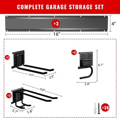 Garage Tool Organizer Wall Mount, Easy to 48inch Install Heavy-Duty Garage Storage System with Adjustable 7 Hooks, Garden Tool Rack for Shovels, Rakes, Yard Tools