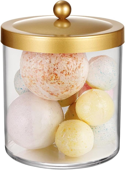 SheeChung 50 Ounce Large Clear Apothecary Jar with Gold Rust-Proof Lid - Shatterproof Plastic Storage Canister - Modern Luxury Bathroom Vanity & Laundry Room Organizer for Pods, Bath Salts