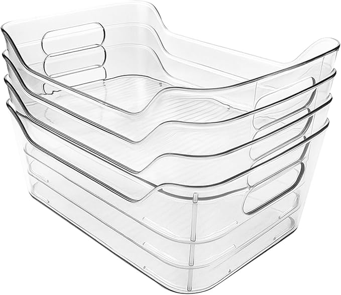 4 Pack Acrylic Pantry Storage Bins, Storage Bins for Cabinets, Clear Bins for Pantry, Cabinets, Organizing, Fridge, Kitchen (7.9” x 5.5” x 3.2”)