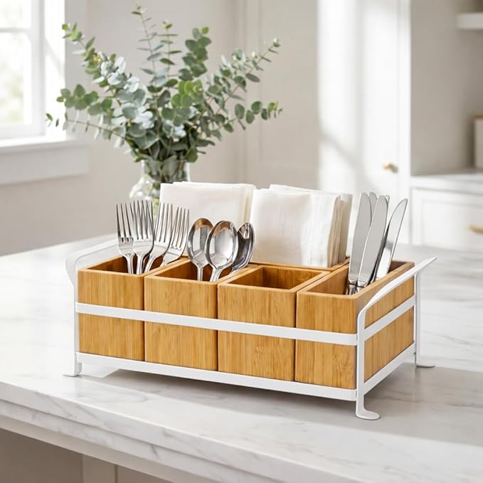 Bamboo Utensil Caddy with Handle - 5 Compartment Silverware Holder for Party & Kitchen Countertop - Removable Wooden Flatware Organizer for Picnic, BBQ, Buffet, RV & Outdoor Dining
