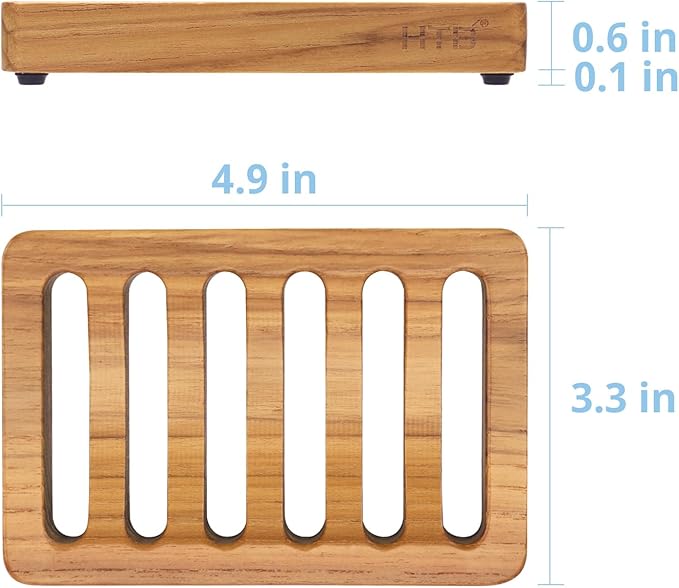 Slotted Soap Dish 2 Pack Teak Wood by HTB, Kitchen Wooden Sponge Holder, Self Draining Soap Dish for Shower, Sink, Bathroom, Bathtub, RV