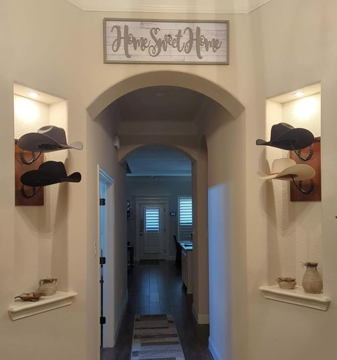 Cowboy Hat Rack For Wall Mount (34.6” x 10.1” x 13.5”) | Wood Cowboy Hat Holder | Hanging Western Hat Rack w/Metal Accents | Customizable Hat Organizer w/Handmade Horseshoe Mounts