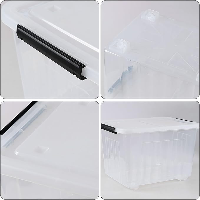 50 Quarts Plastic Storage Boxes, Large Clear Bins with Lids and Wheels Set of 4