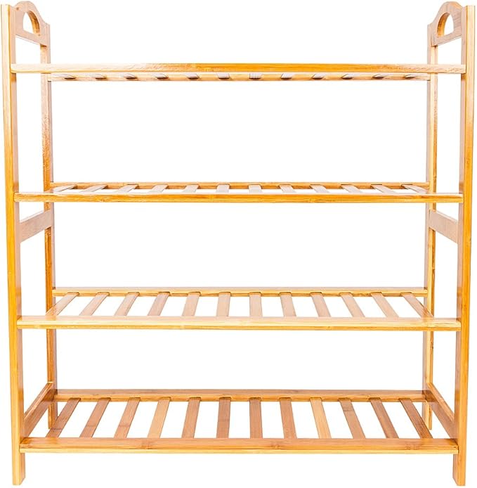 Bamboo Shoe Rack with Handle 4 Tier 16 Pairs Free Standing Shoe Shelf Storage Organizer for Entryway & Closet, Wood Color