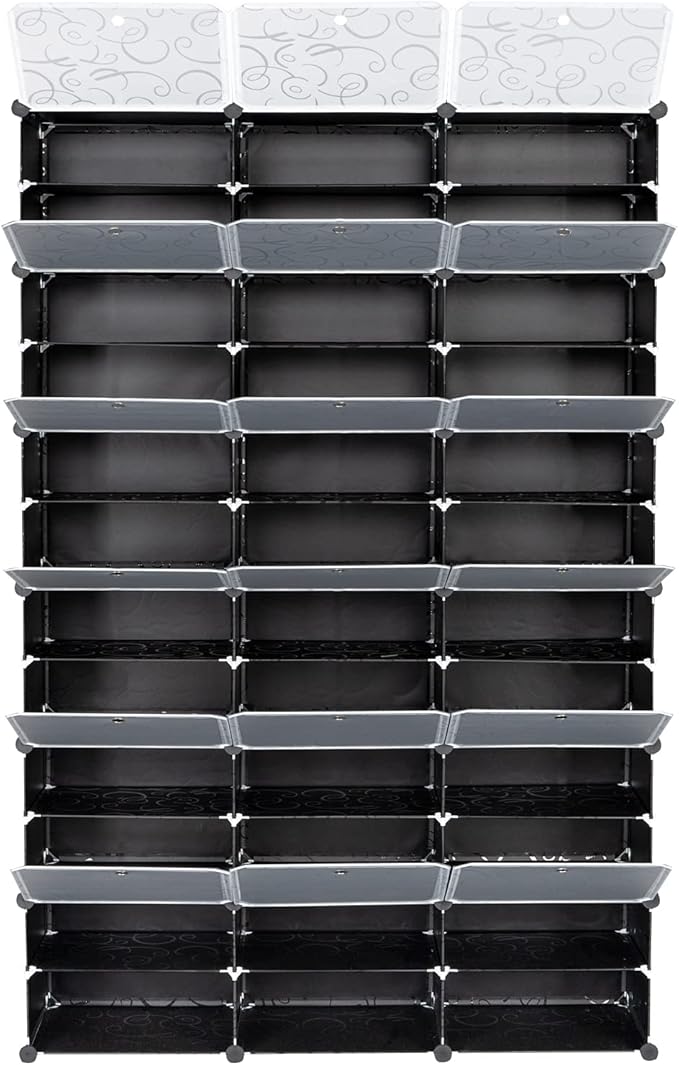 Shoe Rack Organizer, 18 Cube 12 Tier Covered Shoe Storage Cabinet 72 Pairs Freestanding DIY Shoe Shelves Plastic Shoes Rack for Closet Entryway Hallway Bedroom (Black2)