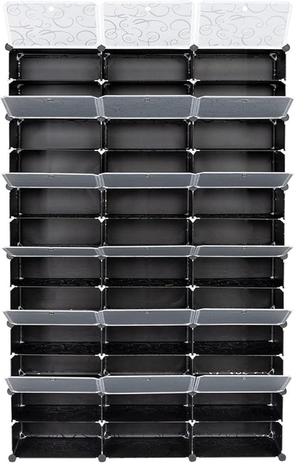Shoe Rack Organizer, 18 Cube 12 Tier Covered Shoe Storage Cabinet 72 Pairs Freestanding DIY Shoe Shelves Plastic Shoes Rack for Closet Entryway Hallway Bedroom (Black2)