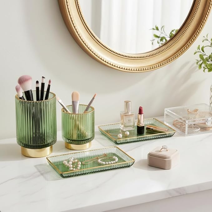 Green Makeup Brush Holder for Vanity, Glass Makeup Organizer Cup, Gold Toothbrush Holders, Pen Holder for Desktop, Vintage Brushes Storage Organizer for Paint Brush, Pen, Pencil, Eyeliner