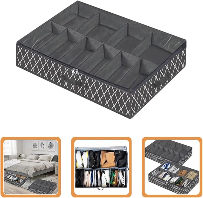 BESPORTBLE Underbed Shoe Storage Box with Zipper Lid, Foldable Non-Woven Fabric Shoe Organizer Bag, Multi-Grid Reusable Container for Home Closet Storage, Black Cross Pattern
