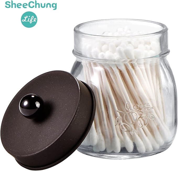 SheeChung 6 Pack Qtip Holders with Labels, Bathroom Organizers and Storage, Bathroom Decor, Apothecary Jars with Lids, Small Mason Jars for Qtips, Cottons, Floss, Balls, Cotton Swabs-Bronze