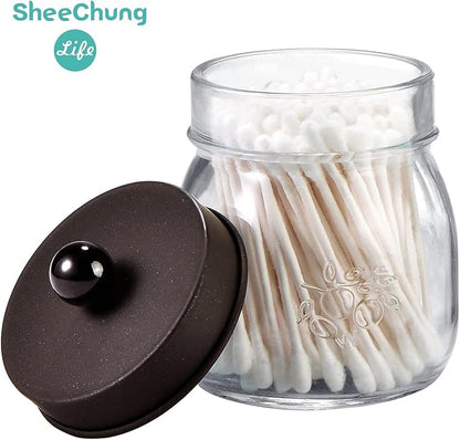 SheeChung 6 Pack Qtip Holders with Labels, Bathroom Organizers and Storage, Bathroom Decor, Apothecary Jars with Lids, Small Mason Jars for Qtips, Cottons, Floss, Balls, Cotton Swabs-Bronze