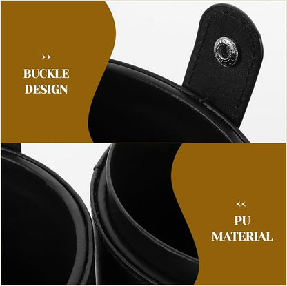 Portable Makeup Brush Holder with Lid - Elegant Pu Leather Makeup Bag Black Brush Organizer for Travel Compact Storage Bucket with Buckle Protective Lid, Easy to Clean, 7.9in X 5.19in