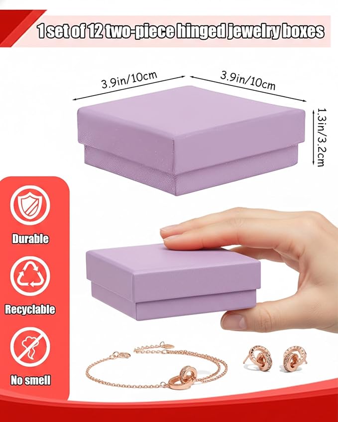 Rocutus Jewelry Gift Boxes for Necklace, Earring, Ring - Cotton Filled Cardboard Paper Jewelry Box Gift Cases for Wedding, 12 Pack Engagement, Gift Packaging, Luxury Jewelry Box, Ring Box (Purple)