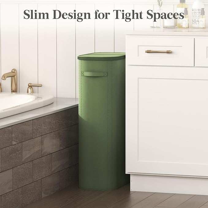 Lifewit Slim Laundry Basket with Lid, Narrow Large Laundry Hamper with Plastic Handles and Removable Bag, Tall Foldable Dirty Clothes Hampers for Laundry Room, Bedroom, Bathroom, Dorm, 75L Green