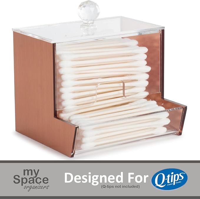 My Space Organizers Rose Gold Acrylic Qtip Holder for Qtip Brand Cotton Swab Holder, Qtip Dispenser, Modern Bathroom Decor Organizer for Countertop Vanity Storage (Rose Gold)