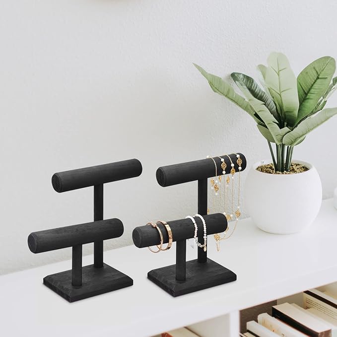 MOOCA 2 Pcs Wooden Jewelry Bracelet Watch Display 2-Tier Bangle Watch for Home Organization, Store, Tradeshow and Showcase, Wood Bracelet Display, Black Color