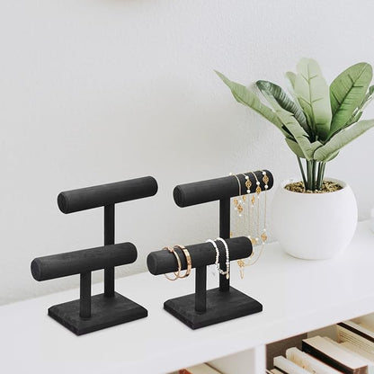 MOOCA 2 Pcs Wooden Jewelry Bracelet Watch Display 2-Tier Bangle Watch for Home Organization, Store, Tradeshow and Showcase, Wood Bracelet Display, Black Color