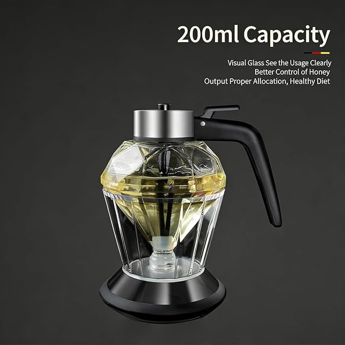 Honey Dispenser No Drip with Base, 6.8oz Glass Honey Jar pot with Handle, Syrup Dispenser for Coffee or Tea, Mess Free Honey Dispenser for Honey Syrup Olive Oil, Maple Syrup Honey Container