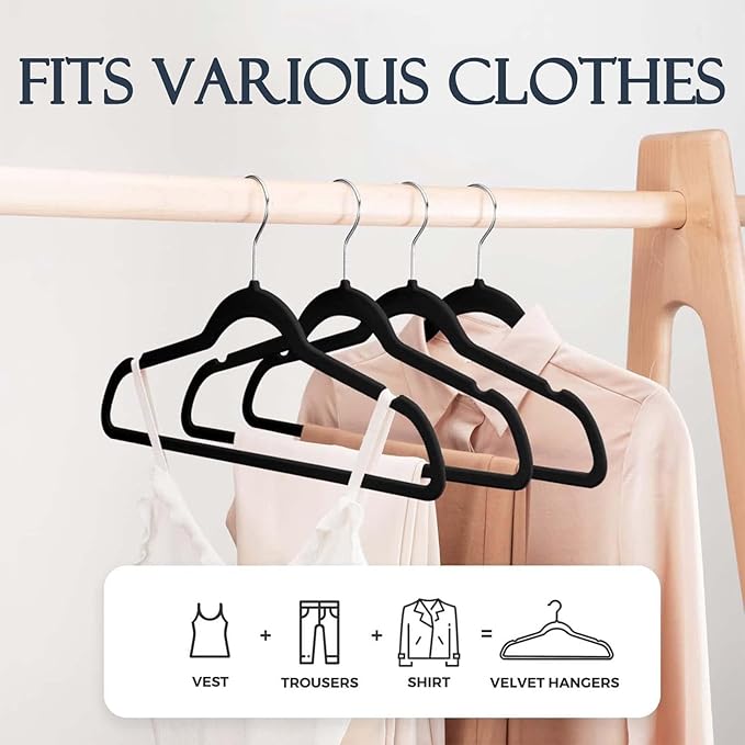 HOUSE DAY Black Velvet Hangers 60P & 20P Leggings Organizers Hangers Clips