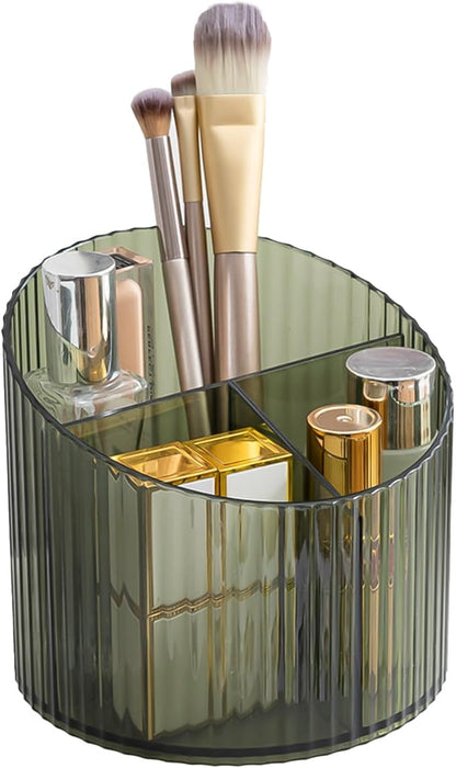 DASITON 3 Slots Makeup Brush Holder, Acrylic Makeup Brush Cup, Vintage Striped Make Up Brush Holder for Vanity Decor, Bathroom Countertops, Desk Storage Container, Cosmetic Display Cases (Green)