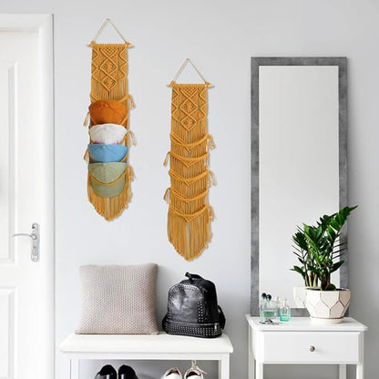 Macrame Cap Holder, Boho Hats Organizer for Baseball Caps, Hand Woven Hats Display Organizer Over Door, Hat Rack for Wall Home Hanging Decoration (Yellow 31in)