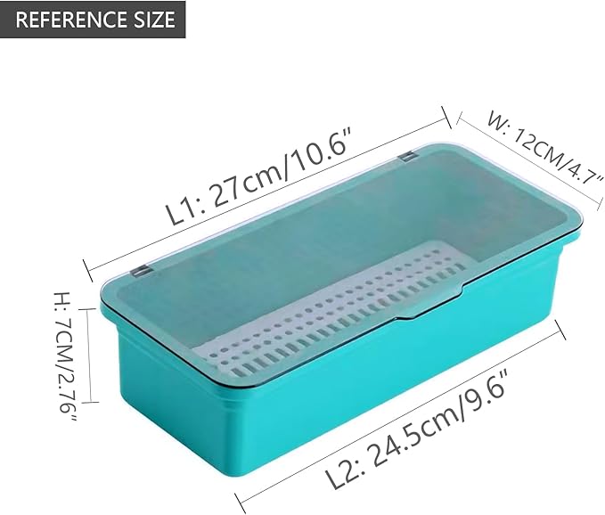Flatware Tray with Lid and Drainer,Silverware Tray Kitchen Dinnerware Holder and Utensil Storage Container for Flatware and Silverware(Blue)