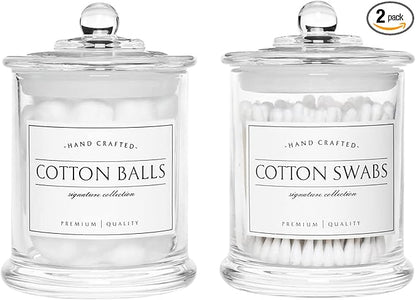 Volisnova 2 Pack Farmhouse Apothecary Jars with Lids - Glass Qtip Dispensers and Cotton Ball Holders for Bathroom Vanity Storage and Organization with 8 Pcs Wterproof Labels (Clear Glass)