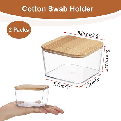Hipiwe 2 Pcs Plastic Cotton Swab Organizer with Lid Clear Apothecary Jars Bathroom Accessories Dispenser Set Square Storage Canister for Cotton Balls Pads Floss Picks