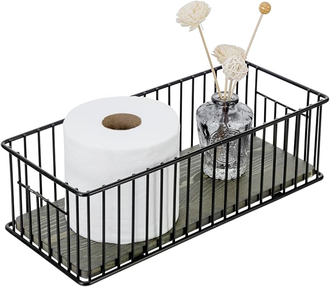 MyGift Modern Bathroom Storage Basket, Black Metal Wire Toilet Paper Holder with Vintage Gray Solid Wood Base, Toilet Tank Organizer Tray with Handles