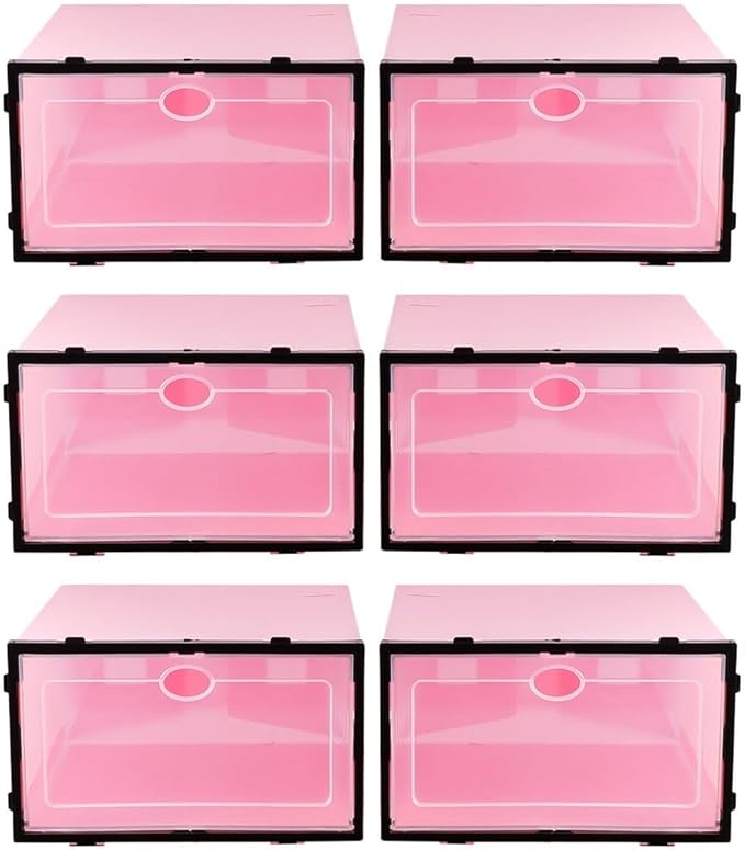 NUOBESTY 6pcs Thickened Stackable Shoes Storage Boxes Plastic Shoe Containers with Black Frame Pink Lid for Men’s Closet Organization