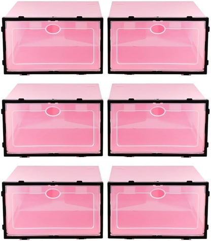 NUOBESTY 6pcs Thickened Stackable Shoes Storage Boxes Plastic Shoe Containers with Black Frame Pink Lid for Men’s Closet Organization