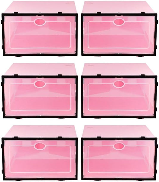 NUOBESTY 6pcs Thickened Stackable Shoes Storage Boxes Plastic Shoe Containers with Black Frame Pink Lid for Men’s Closet Organization