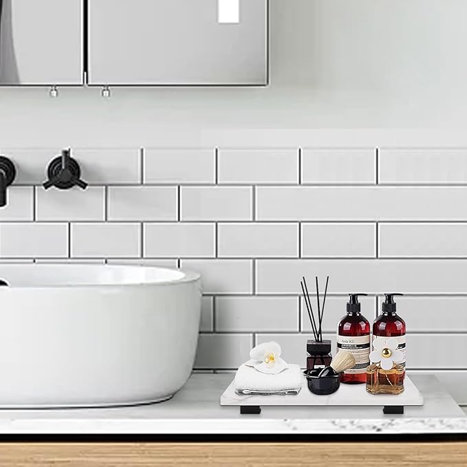 Bathroom Vanity Tray and White Marble Kitchen Soap Tray, Luxurious Small Accessory for Table/Countertop (Black-Rectangle, 10" x 6" x 1")