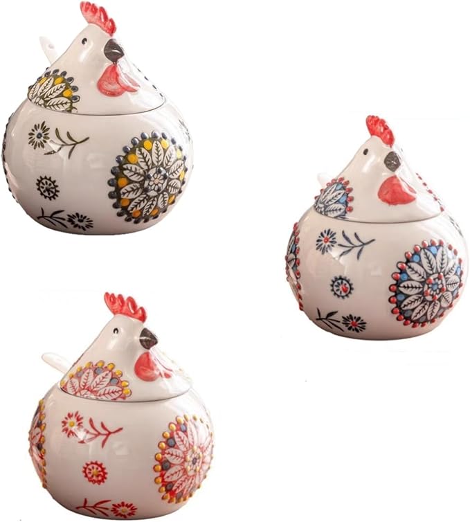 Ceramic Chicken-Shaped Seasoning Jar, Kitchen Condiment Box with Spoon and Lid, Moisture-Proof Household Storage Container (A set)