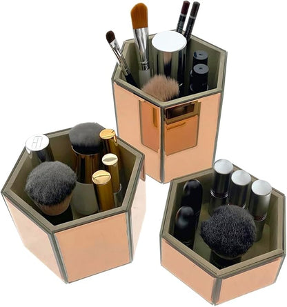 OnDisplay Tressa Set of 3 Hexagon Mirrored Trays for Makeup/Cosmetics, Brushes, Office, Jewelry and Accessories (Rose Gold)