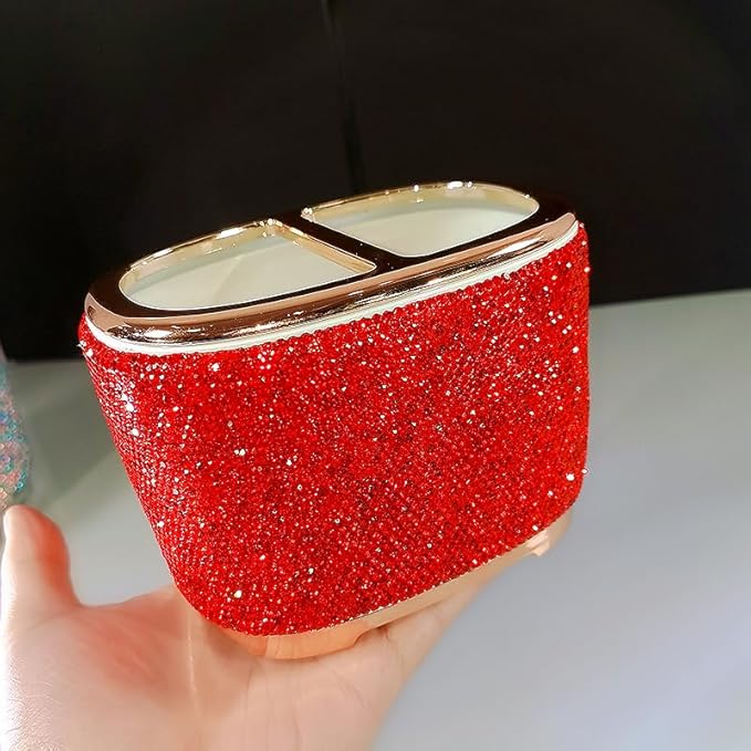 Luxury Bling Rhinestone-Embellished Makeup Organizer Box Storage – Large Capacity Cosmetic Brush Lipstick Eyebrow Pencil Storage Box and Desktop Organizer Rack (Red)
