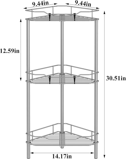 HuggieGems 3 Tier Floor Standing Corner Shower Caddy Organizer Shelf with Hooks, Bathroom Shelves Stand Rack, Gray