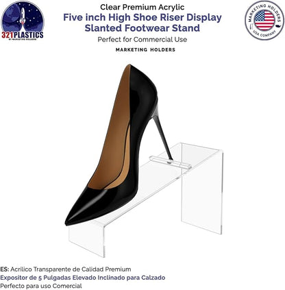 6 Pack Acrylic Shoe Display Stand Clear Premium Lucite 4 Inch Wide x 5 Inch High Slanted Footwear Showcase Riser with Heel Stop for Retail Shops and Clothing Stores by Marketing Holders